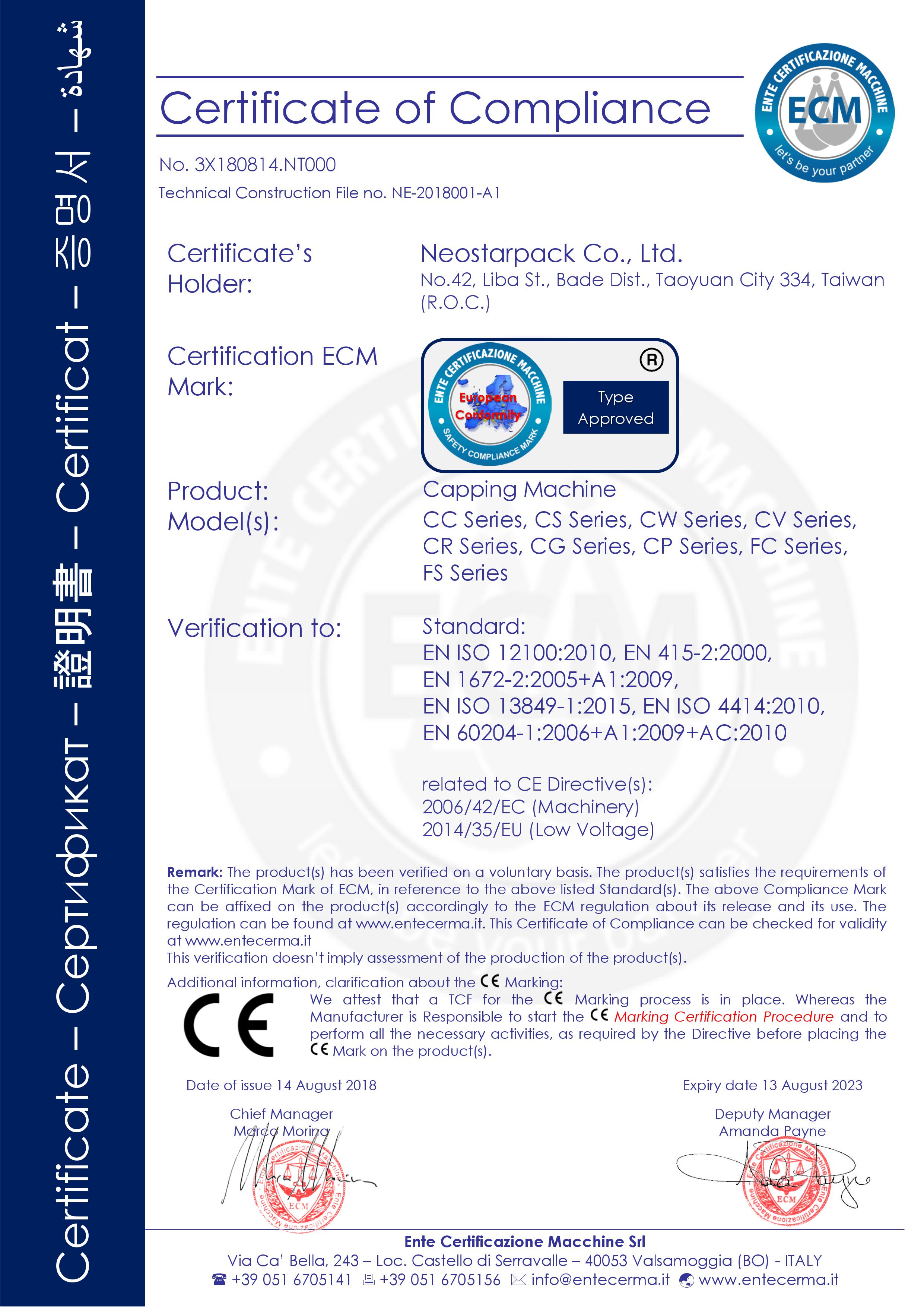 Neostarpack capping machine CE certification
